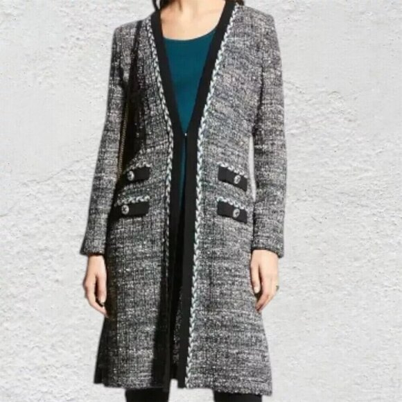 Misook Womens Black Teal Eyelash Tweed Knit Duster One Hook Cardigan Size Medium - Picture 1 of 11
